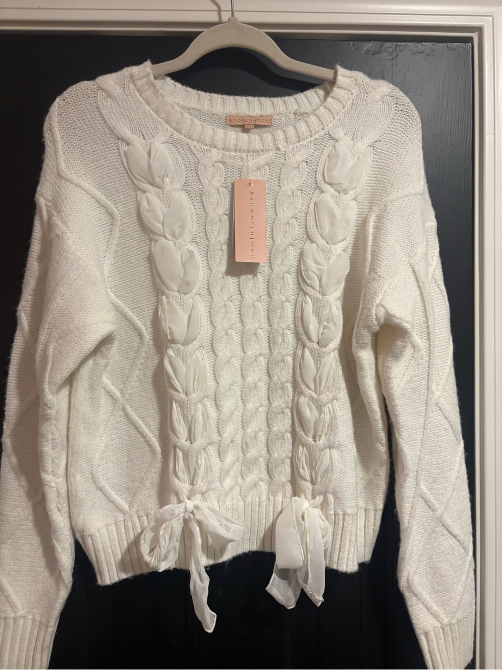 Evolutionarily Ivory Cable-Knit Sweater with Ribbon Ties
